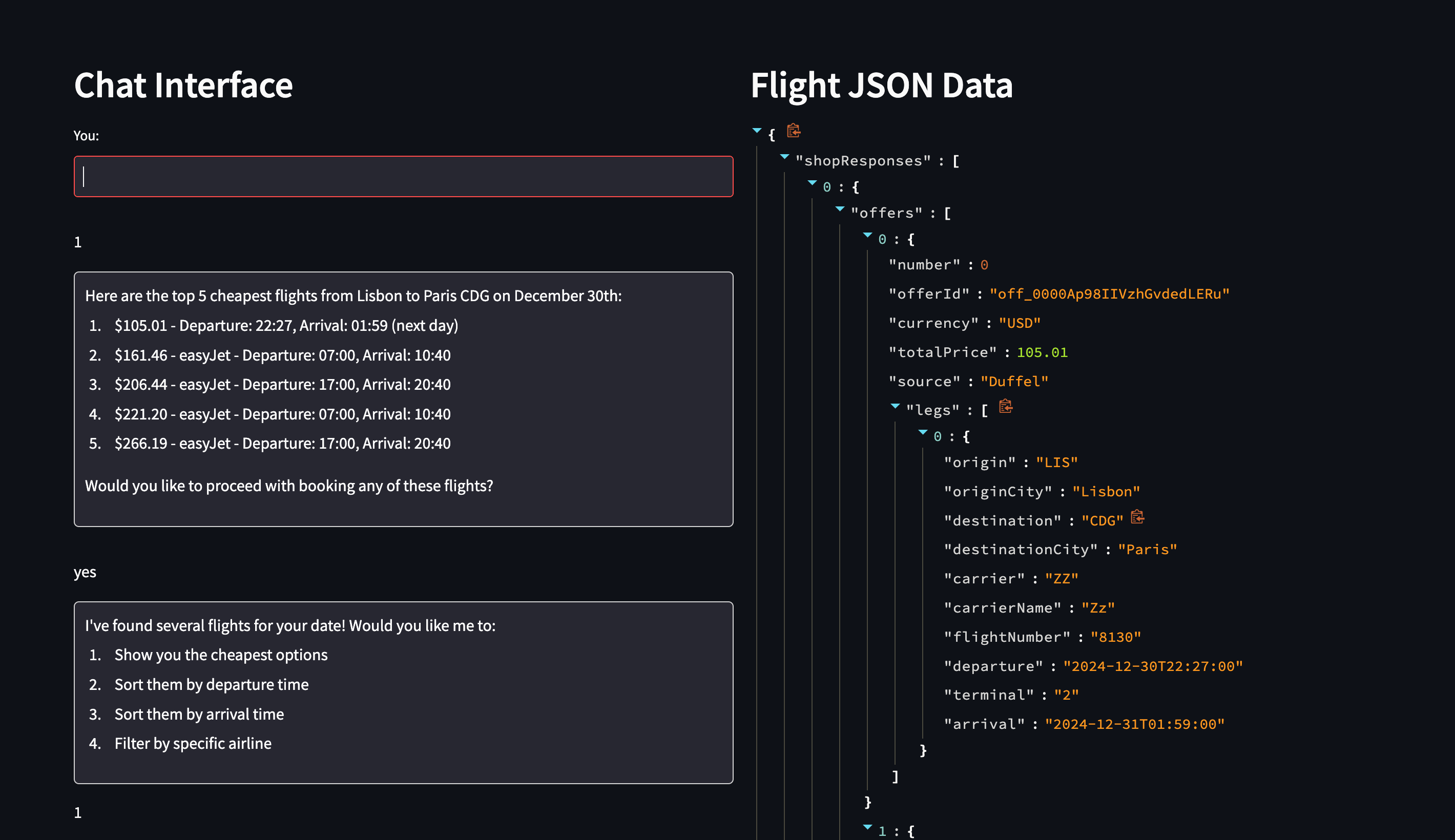 Example of JSON data for a flight request, sorted by price